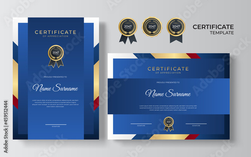 Elegant blue red white and gold diploma certificate template