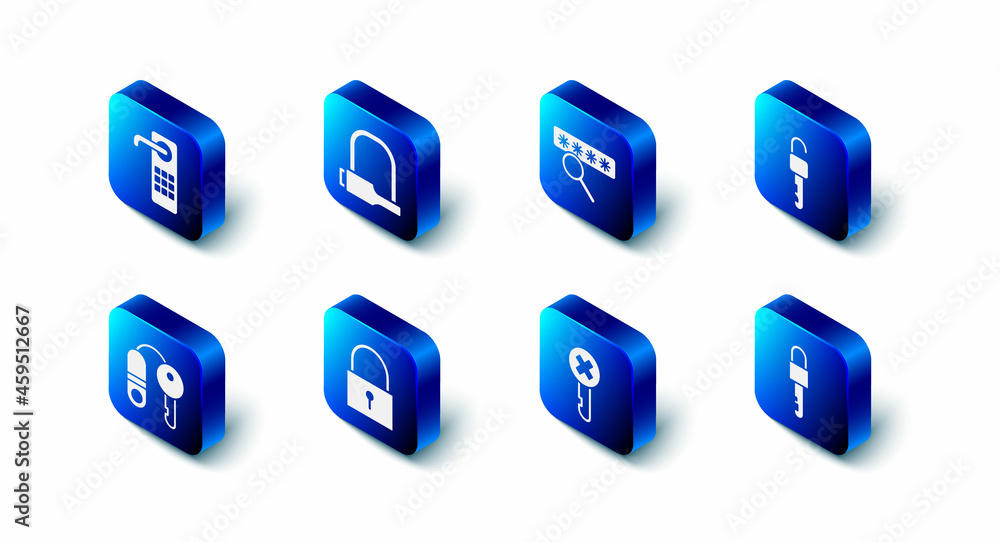 Set Bicycle lock, Password protection, Unlocked key, Locked, Wrong, House with and Digital door icon. Vector Set Bicycle lock, Password protection, Unlocked key, Locked, Wrong, House with and Digital door icon. Vector