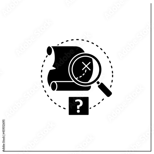 Quest glyph icon. Solving mysteries. Using maps to find right path. Adventure. Searching dangerous. Online game concept.Filled flat sign. Isolated silhouette vector illustration