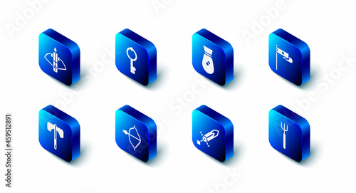 Set Old key, money bag, Medieval flag, Garden pitchfork, sword, bow and arrow, axe and Battle crossbow with icon. Vector