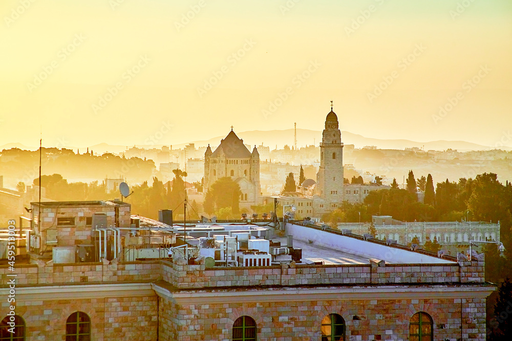 Fototapeta premium view on Dormition Abbey behind Greek Hagias Zion Convent on morning, sunshine, jerusalem, israel