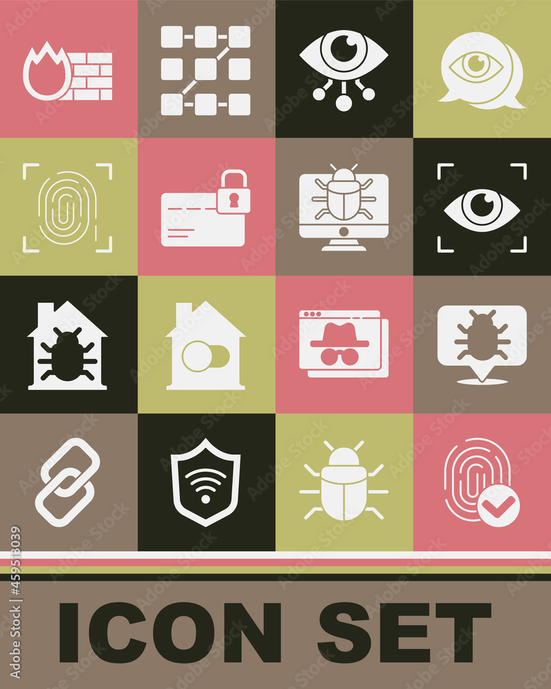 Set Fingerprint, System bug, Eye scan, Credit card with lock, Firewall, security wall and on monitor icon. Vector Set Fingerprint, System bug, Eye scan, Credit card with lock, Firewall, security wall and on monitor icon. Vector