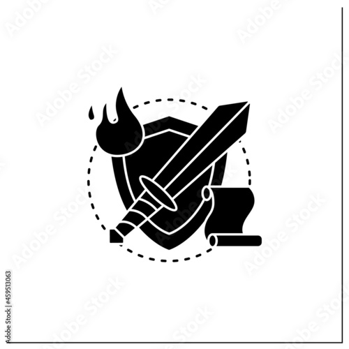 RPG game glyph icon. Role played strategy action. Players determine game ending.Solving mysteries, sword fighting. Online game concept.Filled flat sign. Isolated silhouette vector illustration