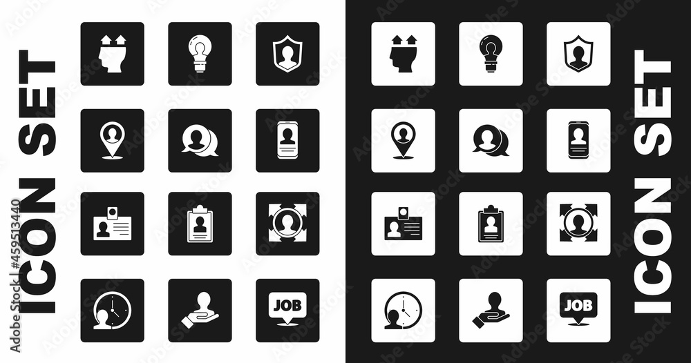Set User protection, Speech bubble chat, Location with person, of man, Mobile resume, Head lamp bulb, hunting and Identification badge icon. Vector Set User protection, Speech bubble chat, Location with person, of man, Mobile resume, Head lamp bulb, hunting and Identification badge icon. Vector