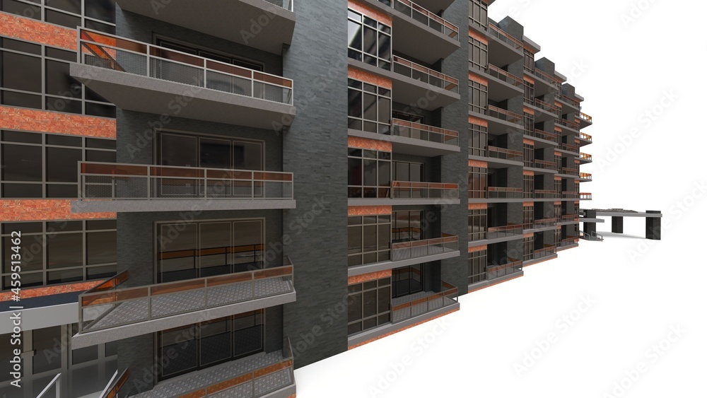 Condominium 3d model. Apartment house with a courtyard. 3d rendering ...