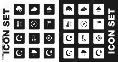 Set Cloud with rain and moon, Compass, Meteorology thermometer, lightning, Cone windsock wind vane, Snowflake and Moon icon. Vector