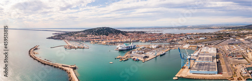Aerial panorama of the port of Sète at sunset in Hérault in Occitanie, France