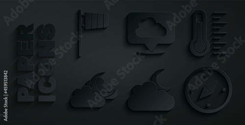 Set Cloud with moon, Meteorology thermometer, Compass, Location cloud and Cone windsock wind vane icon. Vector