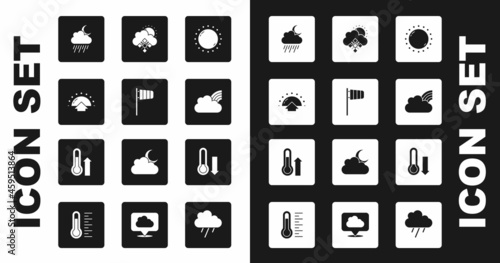 Set Sun, Cone windsock wind vane, Sunrise, Cloud with rain and moon, Rainbow clouds, snow sun, Meteorology thermometer and icon. Vector