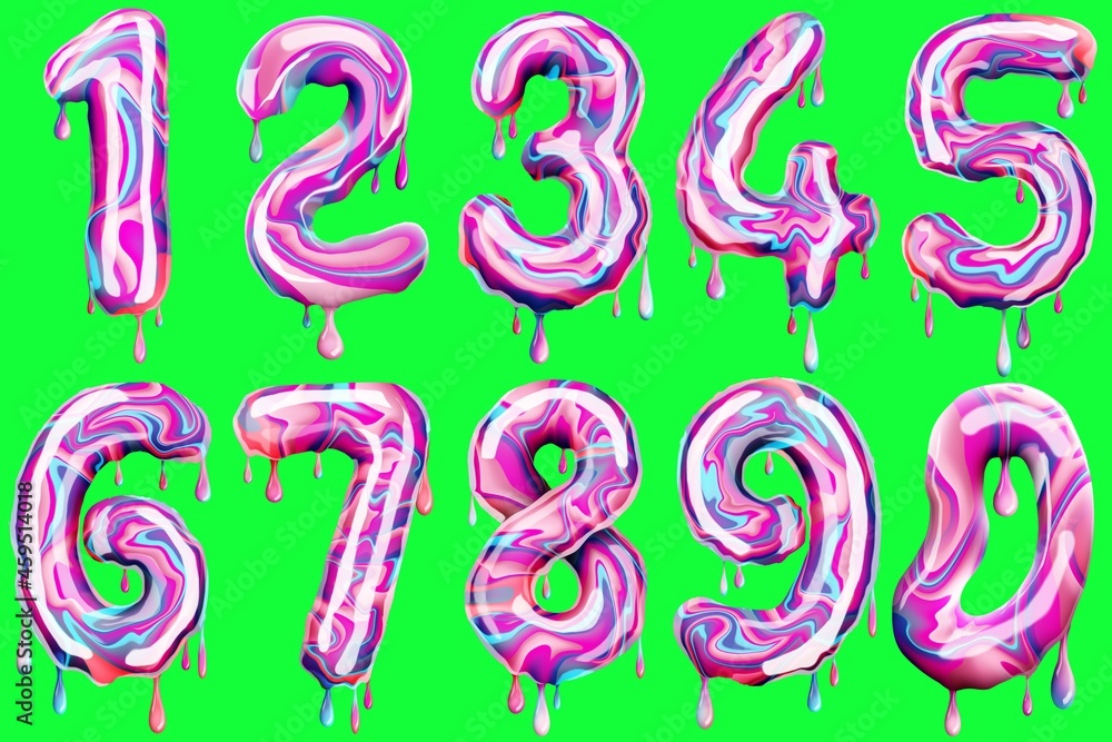 Fototapeta premium Set of numbers in the form of a sweet coffee, melt. Delicious number isolated on green background, Concept font, set of ten numbers. 3D illustration, 3D rendering.