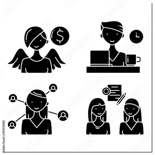Woman glyph icons set. Networking, angel investor, business deal, freelancer. Successful woman concept. Filled flat sign. Isolated silhouette vector illustration