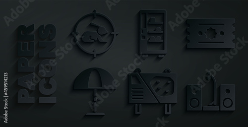 Set Amusement park billboard, Ticket, Sun protective umbrella, Home stereo with two speakers, Vending machine and Hunt on rabbit crosshairs icon. Vector