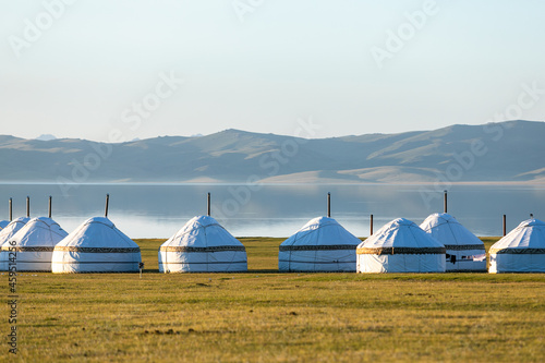 Traditional Central Asia nomad yurts on the lake shore. High quality photo photo