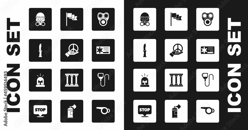Set Gas mask, Peace, Military knife, Police badge, Location marker, Walkie talkie and Flasher siren icon. Vector Set Gas mask, Peace, Military knife, Police badge, Location marker, Walkie talkie and Flasher siren icon. Vector