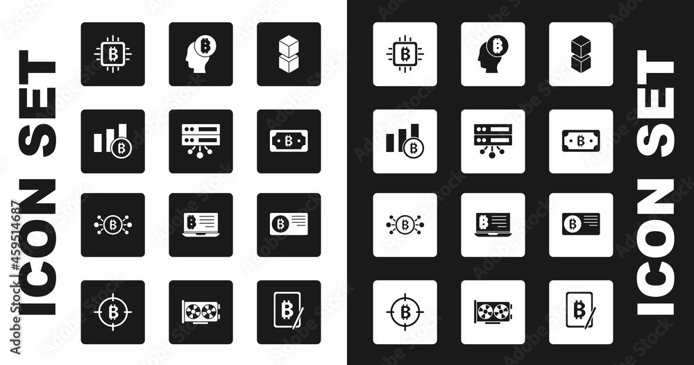 Set Blockchain technology, Server, Pie chart infographic bitcoin, CPU mining farm, Cryptocurrency, Bitcoin think, Credit card with and circuit icon. Vector Set Blockchain technology, Server, Pie chart infographic bitcoin, CPU mining farm, Cryptocurrency, Bitcoin think, Credit card with and circuit icon. Vector