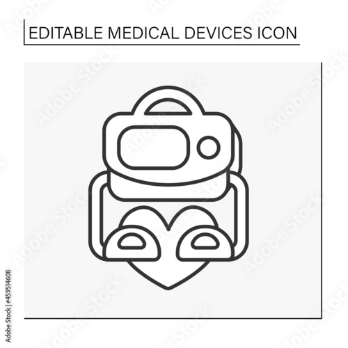 Defibrillator line icon. Apparatus controls heart fibrillation. Resuscitation. Emergency. Medical devices concept. Isolated vector illustration. Editable stroke