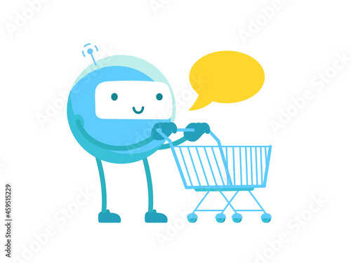 Round robot with a grocery trolley. Digital technology shopping. Delivery of spare parts. Upgrade. Cartoon vector illustration.
