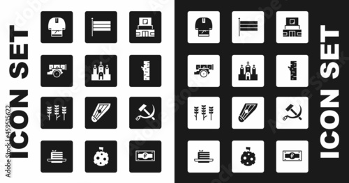 Set Mausoleum of Lenin, Church building, Cannon, Kosovorotka, Birch tree, National Russia flag, Hammer and sickle USSR and Wheat icon. Vector