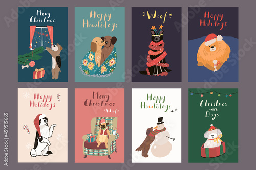Christmas postcards with dogs vector set