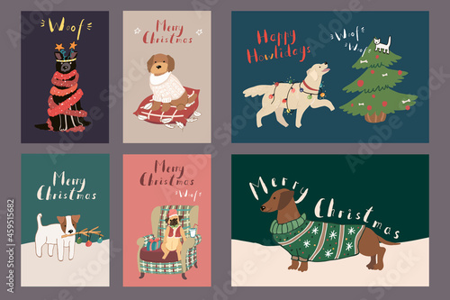 Christmas posters with dogs vector set