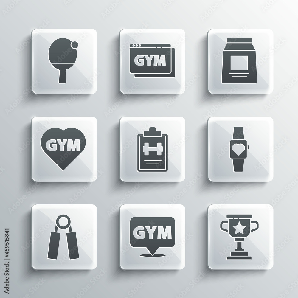 Set Location gym, Award cup, Smartwatch, Sport training program, expander, Fitness heart, Racket ball and Sports nutrition icon. Vector Set Location gym, Award cup, Smartwatch, Sport training program, expander, Fitness heart, Racket ball and Sports nutrition icon. Vector