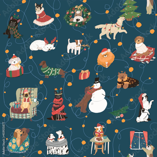 Christmas celebration with dog pets seamless vector pattern
