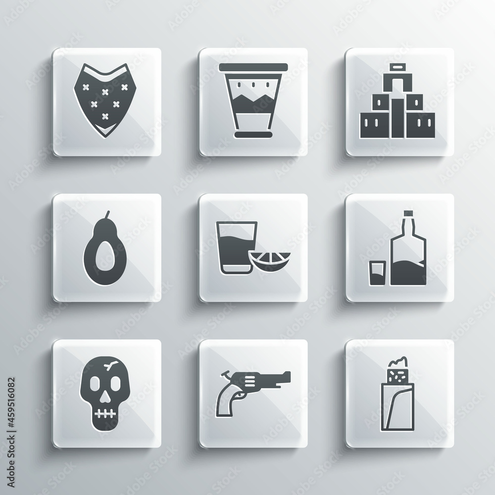Set Revolver gun, Burrito, Tequila bottle and glass, with lemon, Skull, Avocado, Poncho and Chichen Itza in Mayan icon. Vector Set Revolver gun, Burrito, Tequila bottle and glass, with lemon, Skull, Avocado, Poncho and Chichen Itza in Mayan icon. Vector