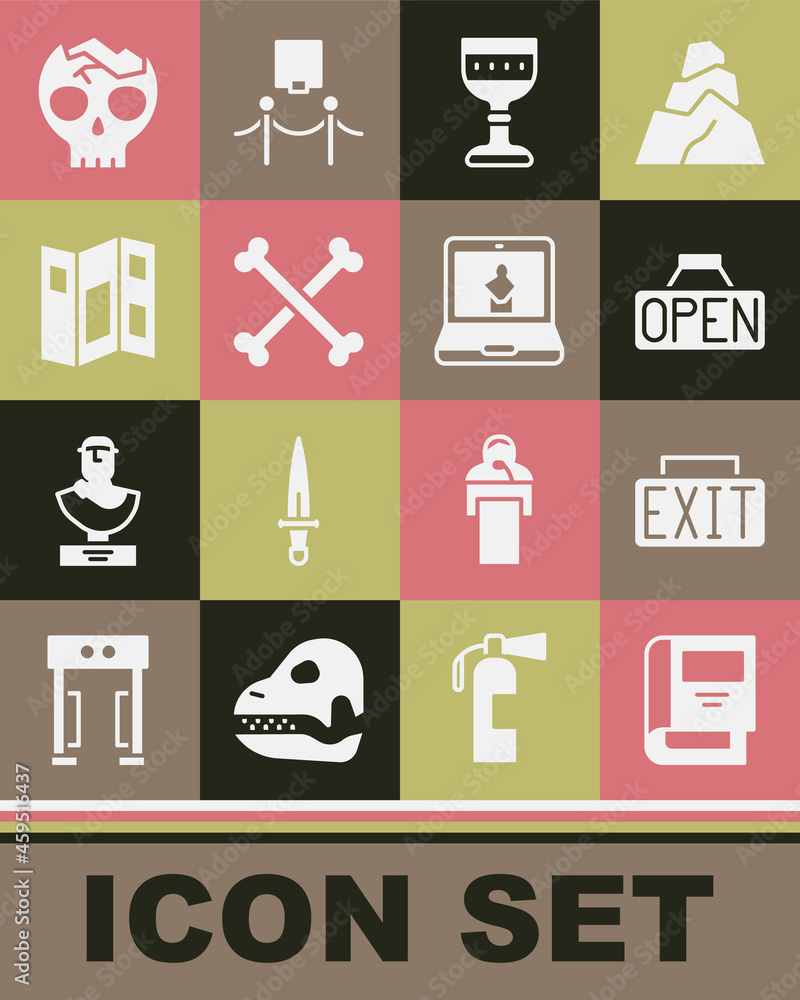 Set History book, Exit sign, Hanging with Open, Medieval goblet, Crossed human bones, Museum guide brochure, Broken skull and Online museum icon. Vector Set History book, Exit sign, Hanging with Open, Medieval goblet, Crossed human bones, Museum guide brochure, Broken skull and Online museum icon. Vector