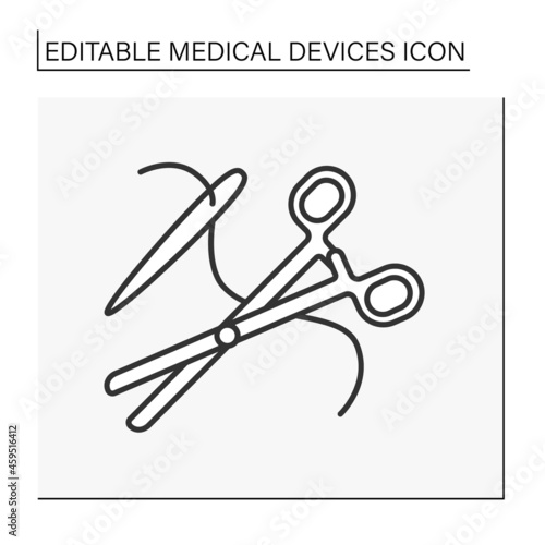  Medical clamps line icon. Surgical instruments.Device for compressing a part or structure. Scissors and needle.Medical devices concept. Isolated vector illustration. Editable stroke