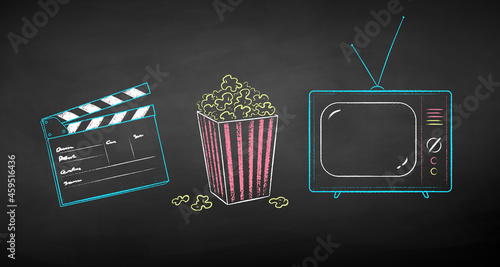 Chalk drawn illustration set of movie symbols