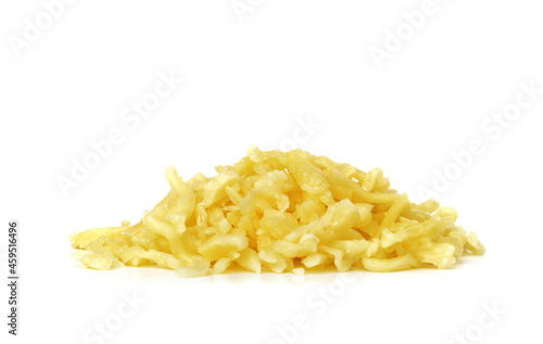 Pile of grated mozzarella cheese isolated on white background
