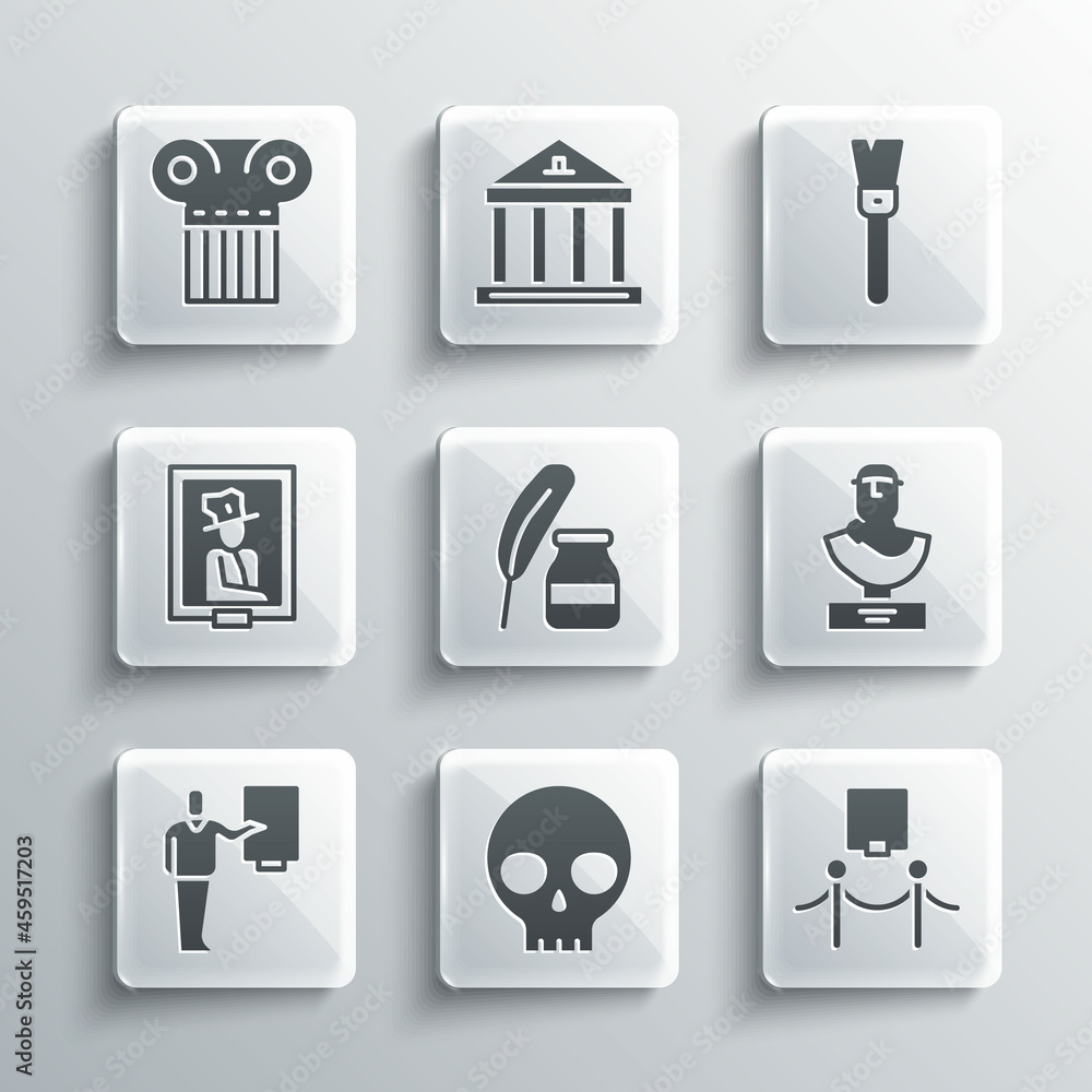 Set Human skull, Picture and rope barrier, Ancient bust sculpture, Feather inkwell, Museum guide, Portrait museum, column and Paint brush icon. Vector Set Human skull, Picture and rope barrier, Ancient bust sculpture, Feather inkwell, Museum guide, Portrait museum, column and Paint brush icon. Vector