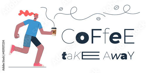 Coffee to go banner design concept for shop, cafe, restaurant or bar. Woman with americano or cappuccino paper cup and inscription. Drink take away vector eps illustration for poster, card, cover
