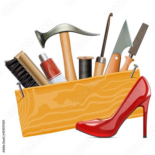 Vector Wooden Board with Cobbler Tools and Red Female Shoe