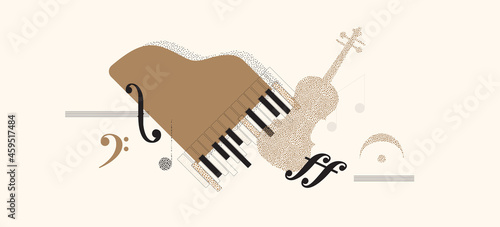 Luxury music background with grand piano, violin and notes. Vector illustration, web banner. Modern abstract composition of musical symbols and instruments