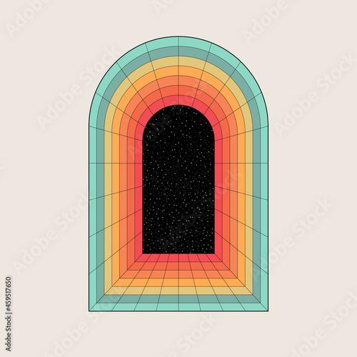 Retro design element. Vintage colorful arc with place for your text or design. Geometric shapes, gate with starry night. Vector illustration, EPS 10 photo