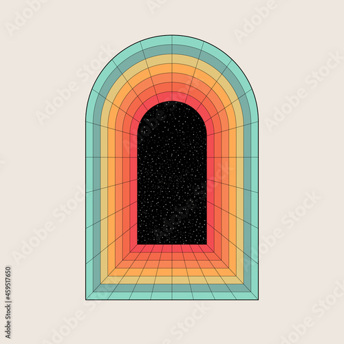 Retro design element. Vintage colorful arc with place for your text or design. Geometric shapes, gate with starry night. Vector illustration, EPS 10