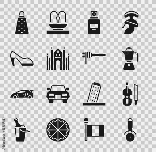 Set Pizza knife, Violin, Coffee moca pot, Perfume, Milan Cathedral, Woman shoe, Grater and Pasta spaghetti icon. Vector
