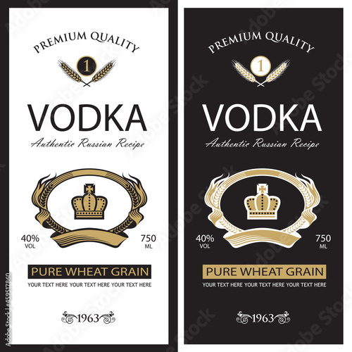 collection of vodka labels with royal crown and ears of wheat in retro style