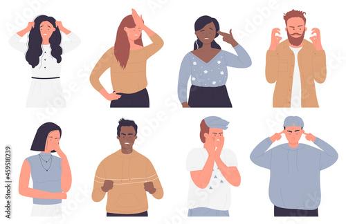 Upset annoyed people vector illustration set isolated. Cartoon sad unhappy disappointed adult characters bad failure situation, with face palm gesture, touch head in headache, disappointment or shame