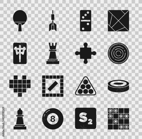 Set Board game of checkers, Checker chips, Domino, Chess, Mahjong pieces, Racket and Puzzle toy icon. Vector