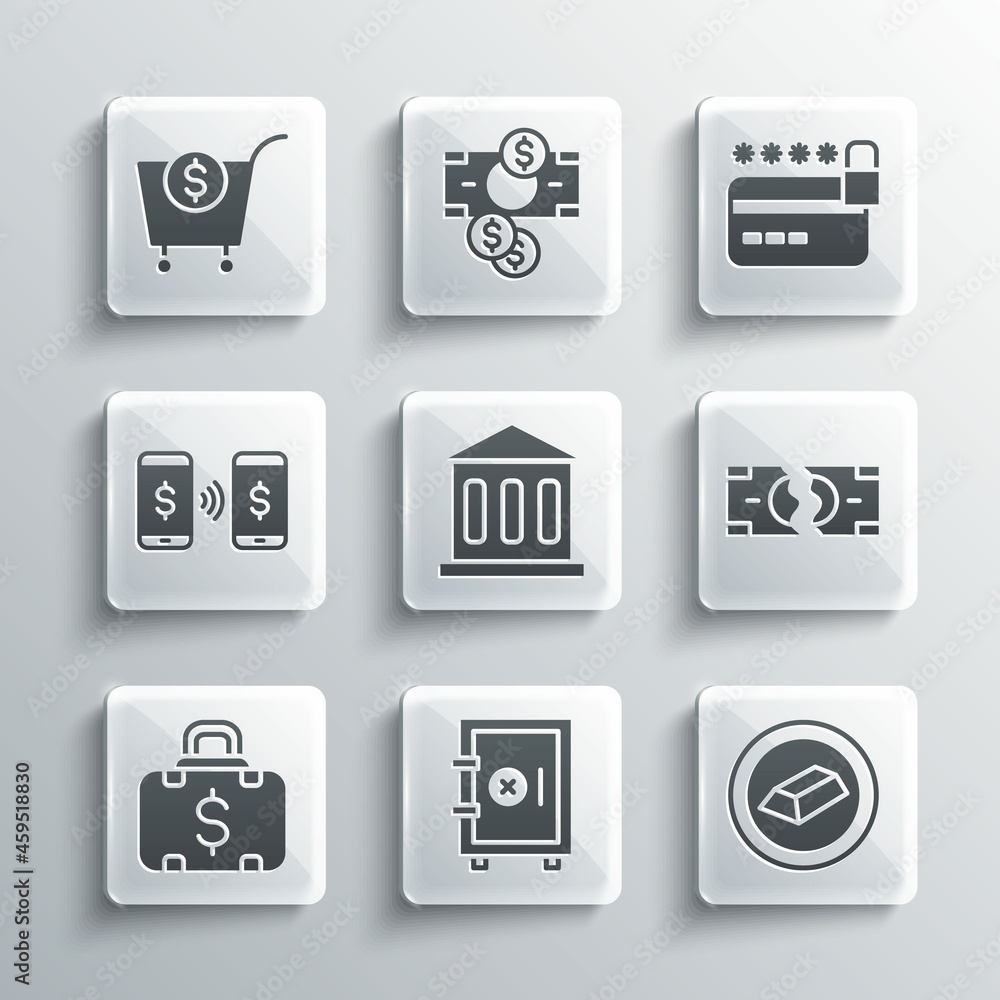 Set Safe, Gold bars, Tearing money banknote, Bank building, Briefcase and, Money payment transfer, Shopping cart dollar and Credit card with lock icon. Vector Set Safe, Gold bars, Tearing money banknote, Bank building, Briefcase and, Money payment transfer, Shopping cart dollar and Credit card with lock icon. Vector