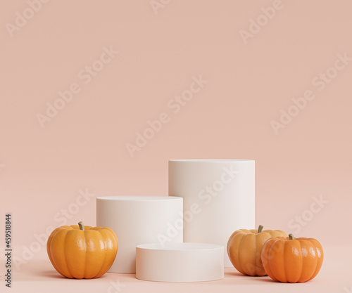 Podium or pedestal with pumpkins for products display or advertising for autumn holidays, 3d render