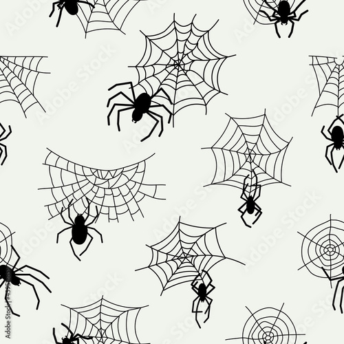 Black spider and web seamless pattern. Scary spiderweb of Halloween symbol. Vector illustration isolated on white background.