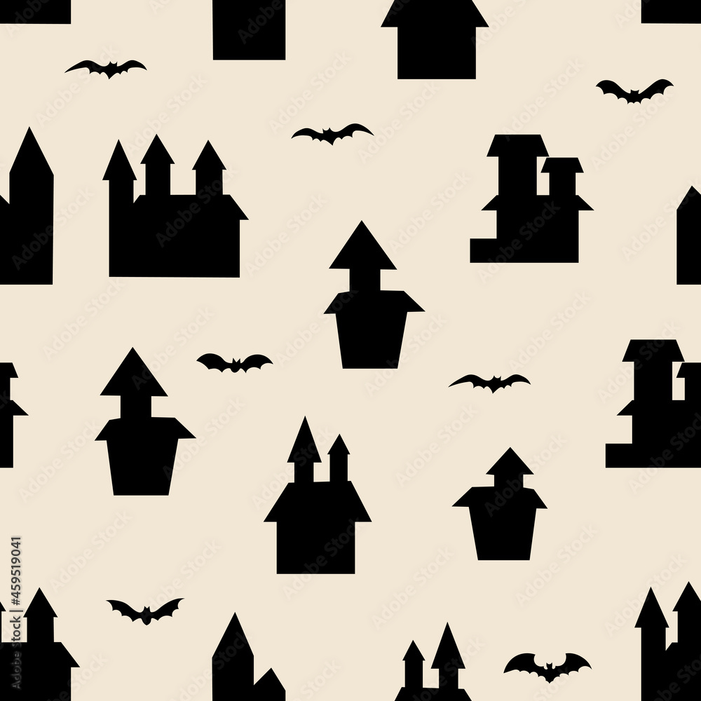Black house and bat seamless pattern. Scary building of Halloween symbol. Vector illustration isolated on color background.