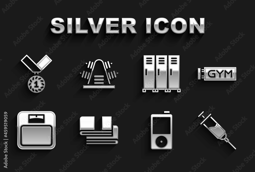 Set Towel stack, Location gym, Doping syringe, Music player, Bathroom scales, Locker or changing, Medal and Metal rack with weights icon. Vector Set Towel stack, Location gym, Doping syringe, Music player, Bathroom scales, Locker or changing, Medal and Metal rack with weights icon. Vector