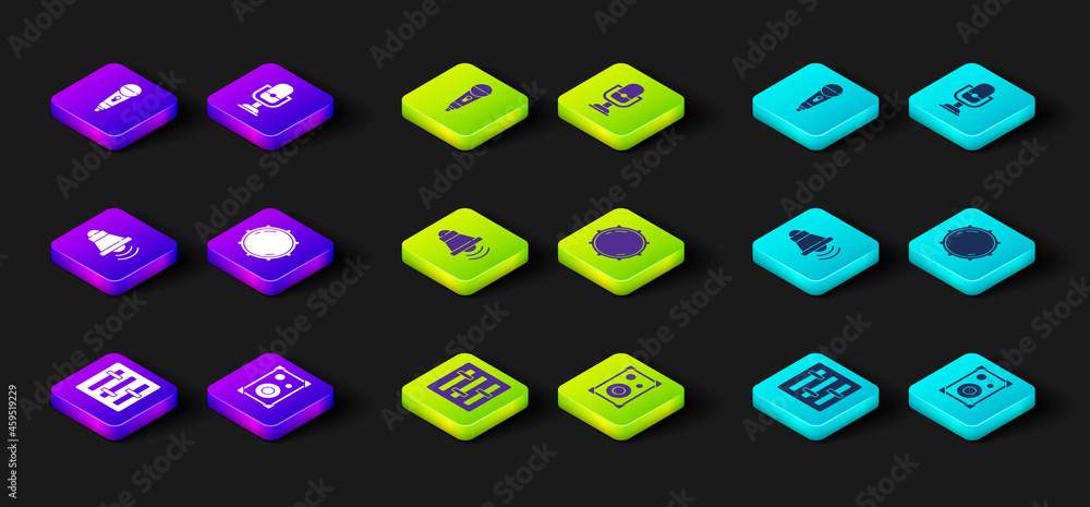 Set Sound mixer controller, Stereo speaker, Speaker volume, Dial knob level, Microphone and icon. Vector Set Sound mixer controller, Stereo speaker, Speaker volume, Dial knob level, Microphone and icon. Vector