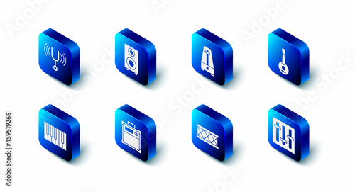 Set Stereo speaker, Metronome with pendulum, Banjo, Sound mixer controller, Drum, Guitar amplifier, Grand piano and Musical tuning fork icon. Vector