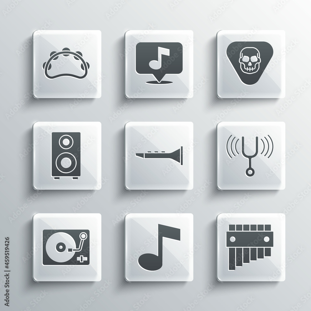 Set Music note, tone, Pan flute, Musical tuning fork, Clarinet, Vinyl player with vinyl disk, Stereo speaker, Tambourine and Guitar pick icon. Vector Set Music note, tone, Pan flute, Musical tuning fork, Clarinet, Vinyl player with vinyl disk, Stereo speaker, Tambourine and Guitar pick icon. Vector