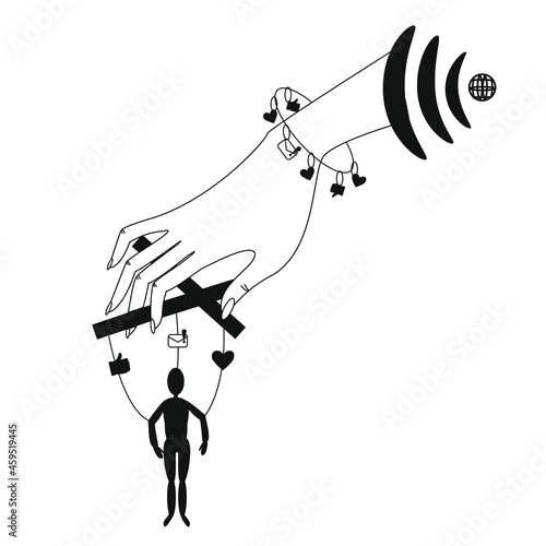 Internet addiction. A puppet in the hands of technology. Internet. Technologies. Social network.